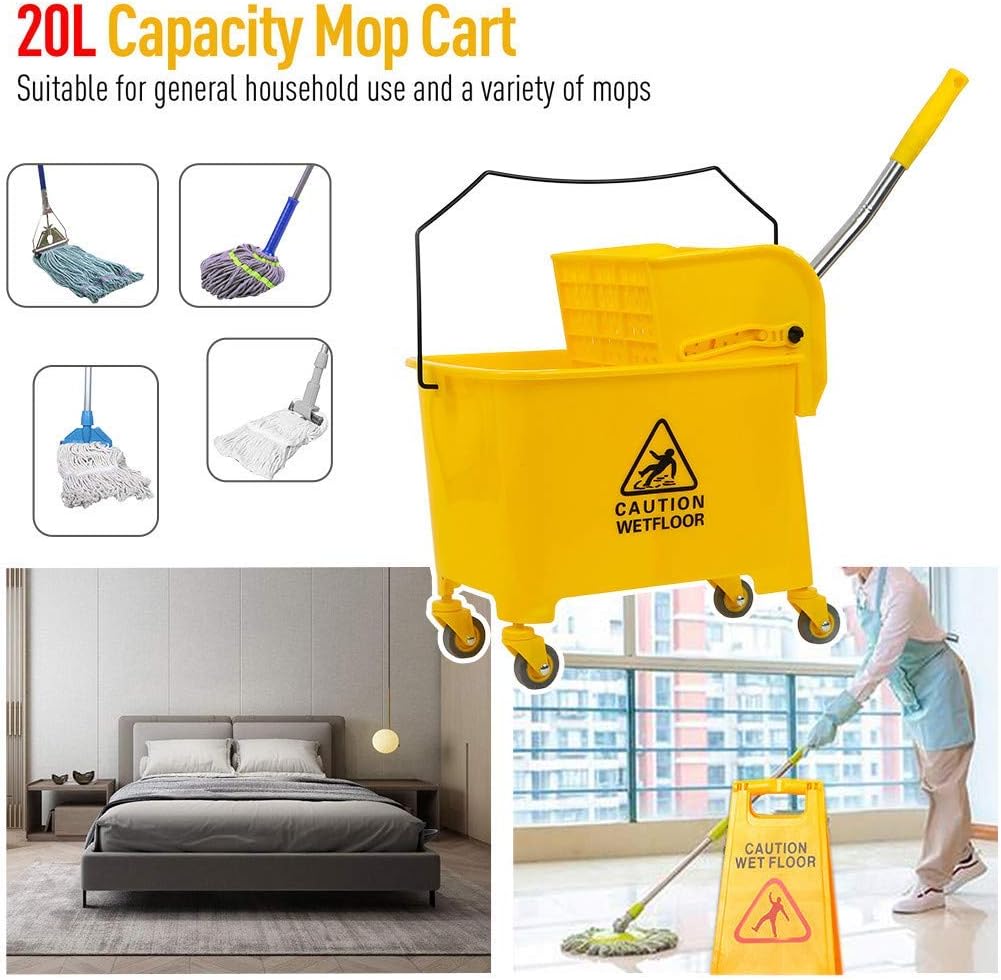 Mop Bucket with Wringer on Wheels, 5.28 Gallon Mop Bucket and Side Wringer Combo with Wheels for Business, Commercial Janitorial Cart Spring Wringer for Home and Industrial