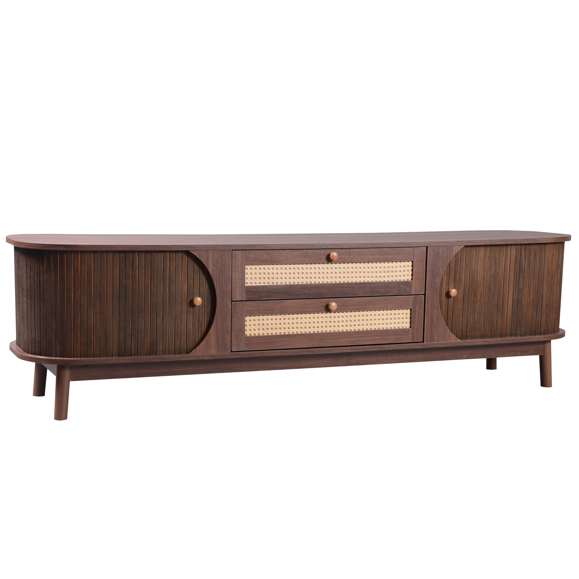 Azkoeesy Walnuss TV-Schrank 170 cm mit Lamellenschiebetüren und 2 Rattan Schubladen, Landhausstil TV-Board Fernsehschrank für Wohnzimmer, Braun