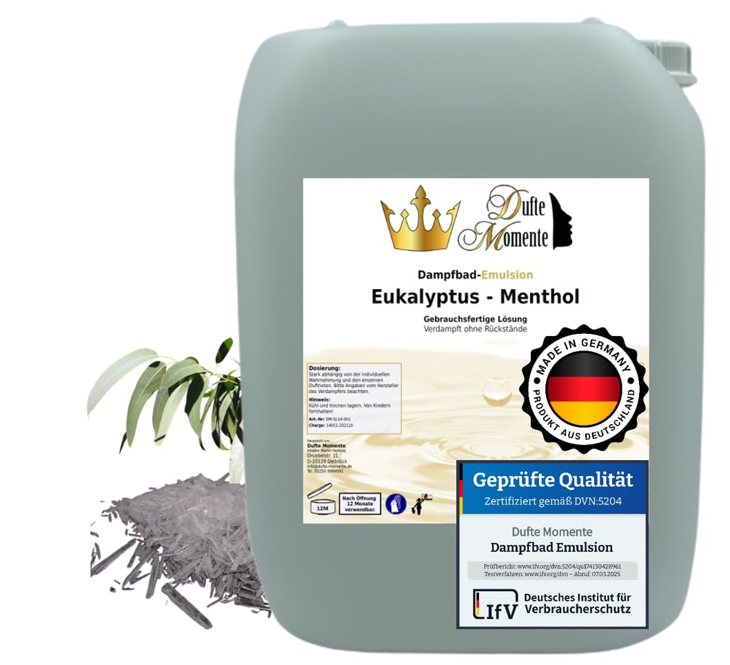 Dufte Momente | Dampfbad Emulsion 10 Liter Eukalyptus-Menthol | geprüfte Qualität | mit naturreinen und natürlichen ätherischen Ölen | gebrauchsfertig | vegan und ohne Tierversuche