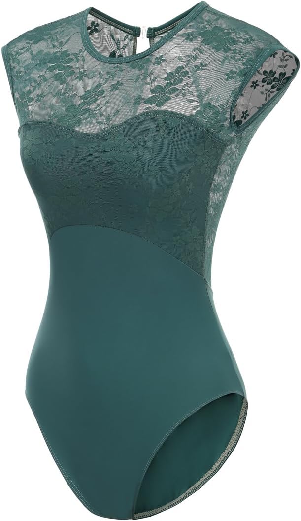 Women Short Sleeve Ballet Leotard - Dark Green Lace