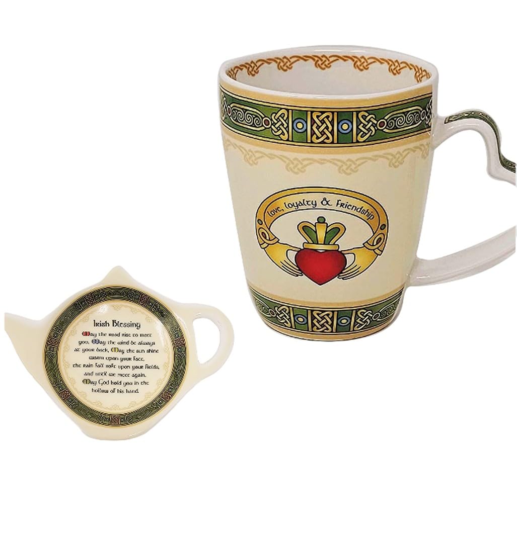 Royal Tara Irish Claddagh Celtic Set - Coffee Mugs, Irish BlessingTea Bag Holders, Tin of 50 Tea Bags - Made in Ireland Gift (Mug and Tea Bag Holder)