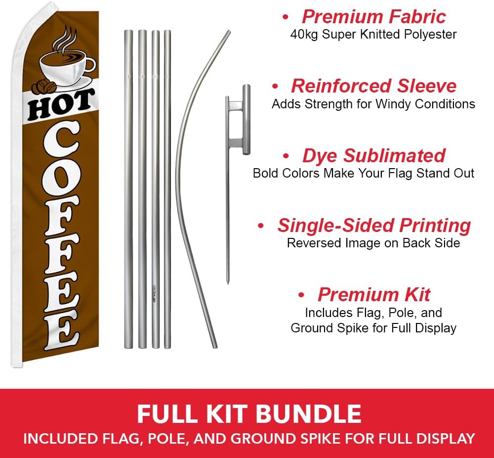 Hot Coffee Swooper Feather Advertising Flag & Pole Kit - Perfect for Coffee Shops, Trucks, Events