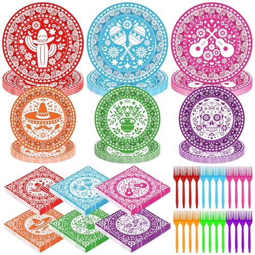 96 Pcs Cinco De Mayo Decorations Disposable Fiesta Plates and Napkins Sets Colorful Mexican Decor Fiesta Paper Tableware Papel Picado for Taco Carnival Birthday Shower Party Supplies Serves 24