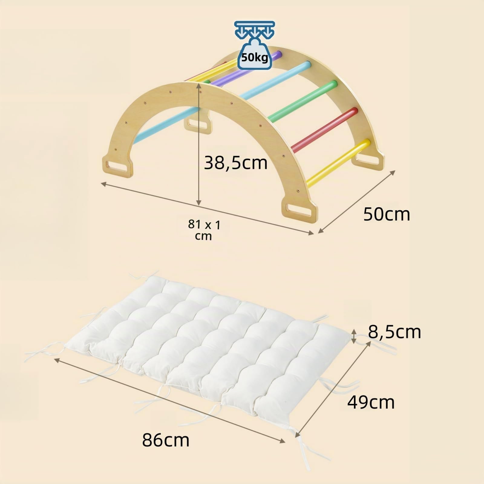 LIFEZEAL 3 en 1 Arche d'escalade en Bois, Carde à Grimper pour Enfants Intérieur, Bateau à Bascule avec Coussin Doux à Double Face, Charge de 50 kg, 1+ Ans,Coloré