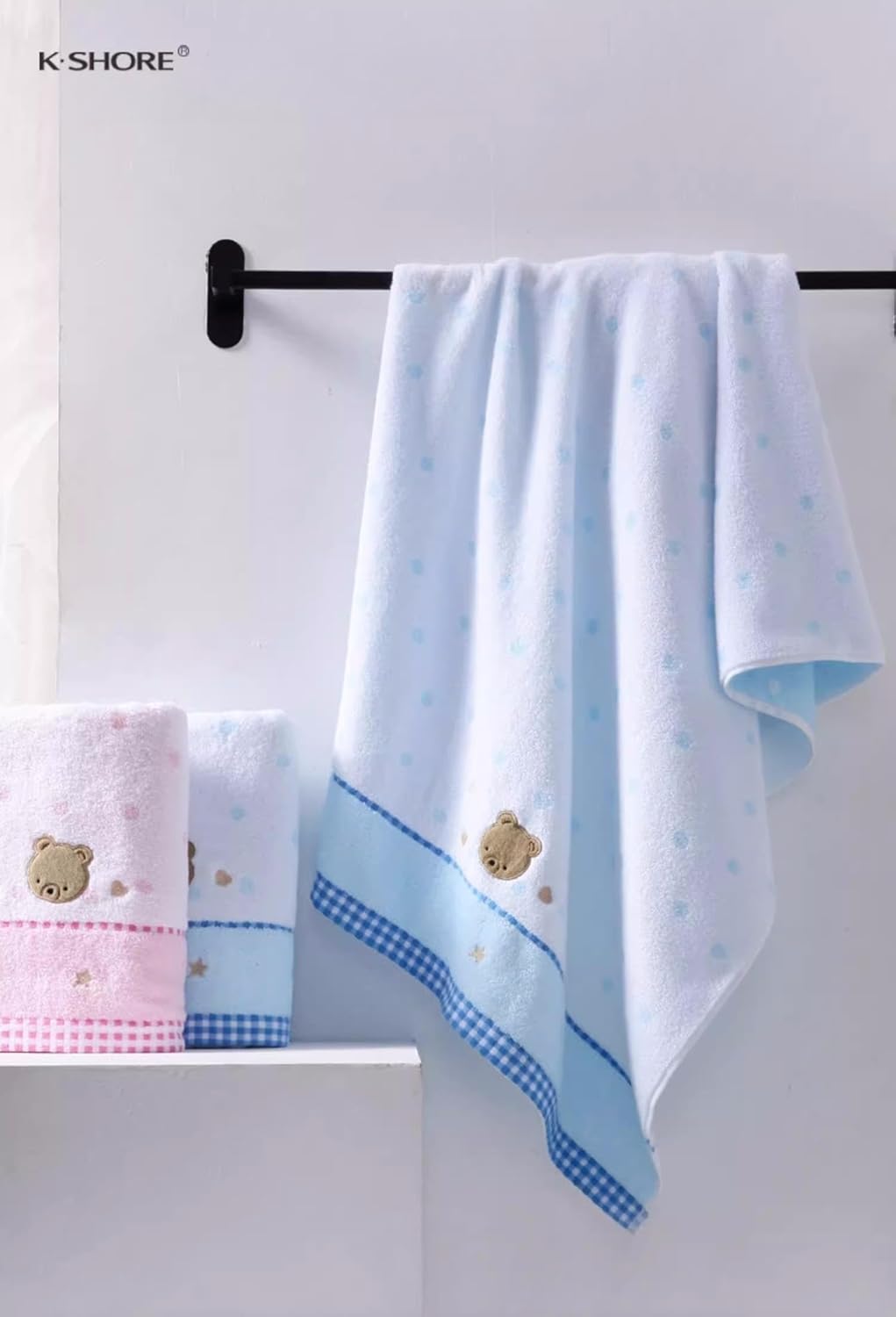 3 Piece Premium Bath Towel Set (Cute Bear), 1 Bath Towel 1 Hand Towel 1 Washcloth, Quick-Drying, 100% Cotton，Oeko-TEX Certified (Blue)