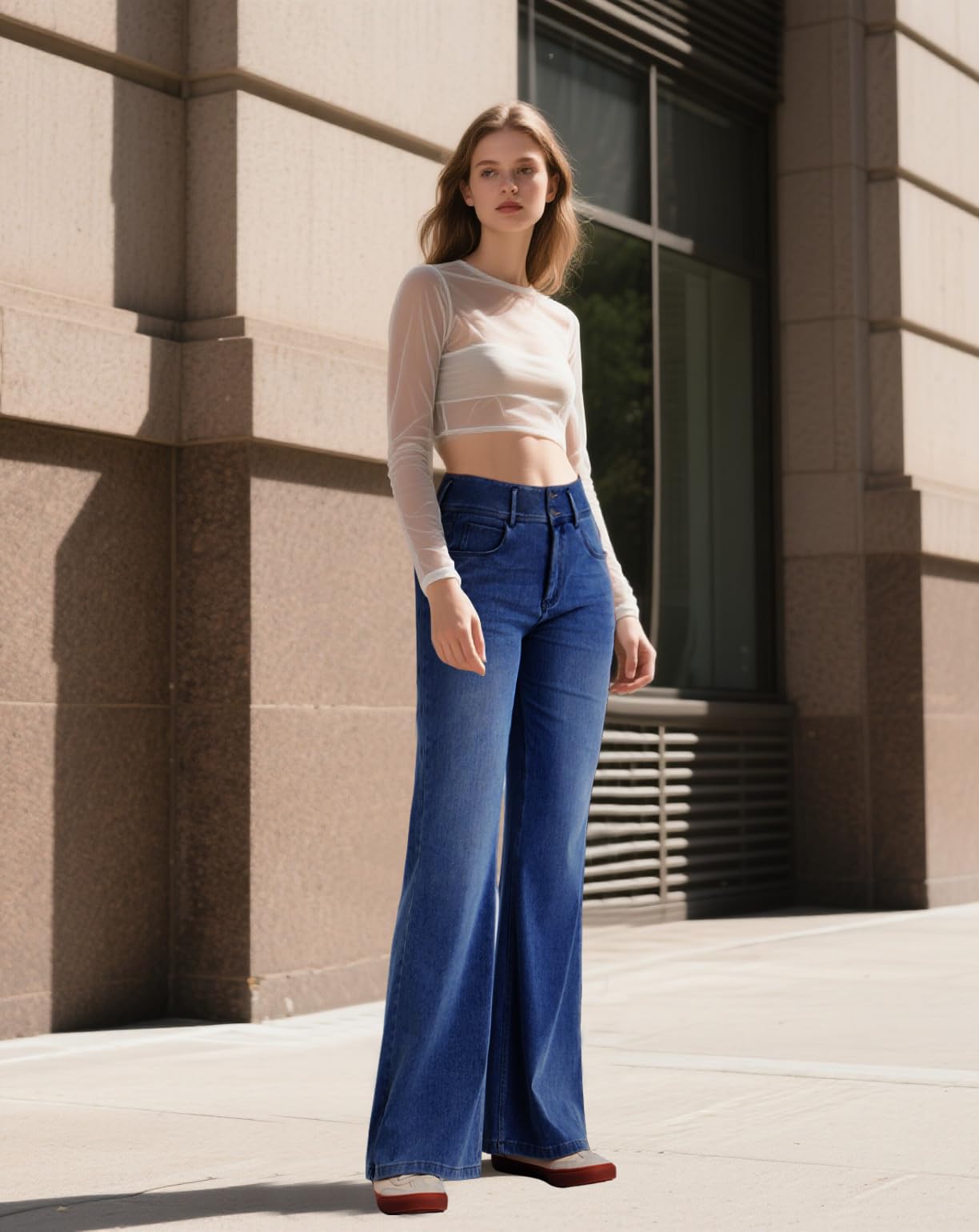 LaiEr Jeans à Jambe Large pour Femmes,avec Design de Devant à Boutons Doubles et Fermeture éclair,Coupe Ample,Pantalon en Denim à Haute élasticité adapté
