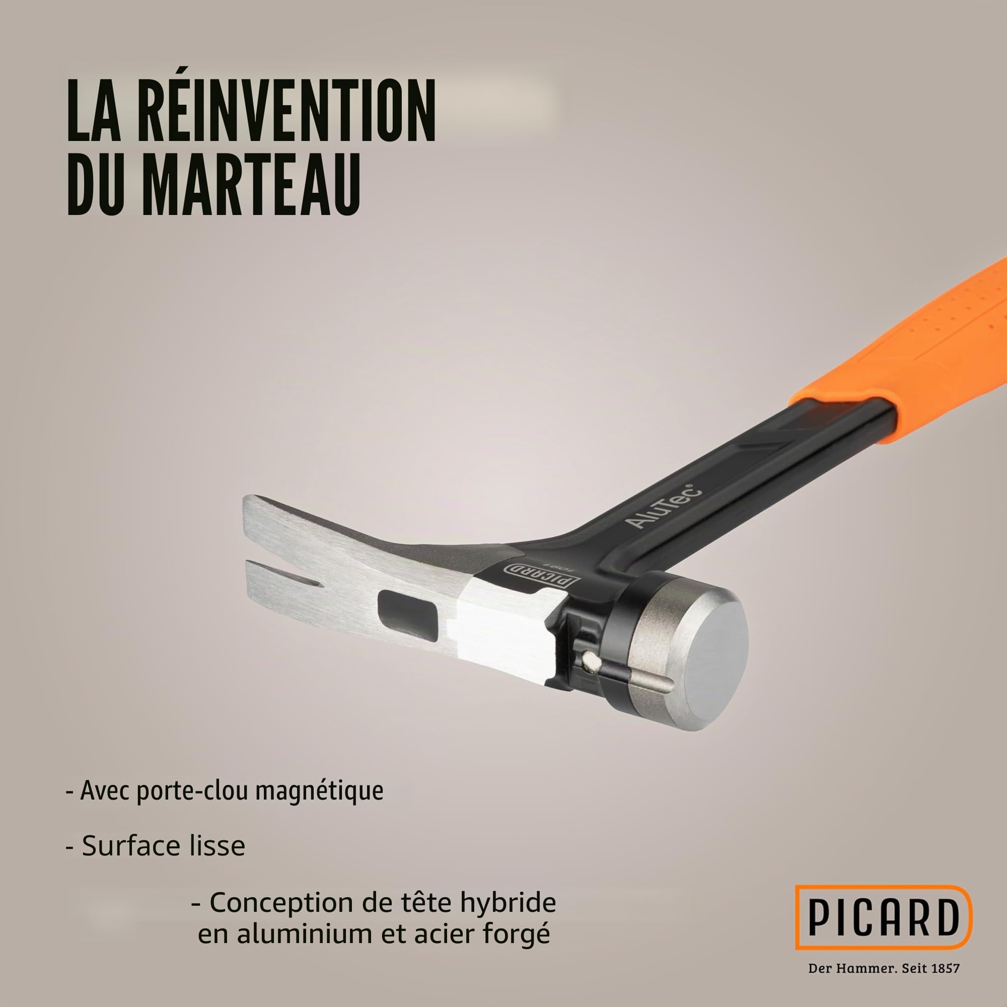 PICARD marteau de charpentier strié AluTec®, no. 1095 | Marteau arrache-clou professionnel | Léger & puissant | Ergonomique & anti-vibrations | Hammer hybride aluminium & acier forgé