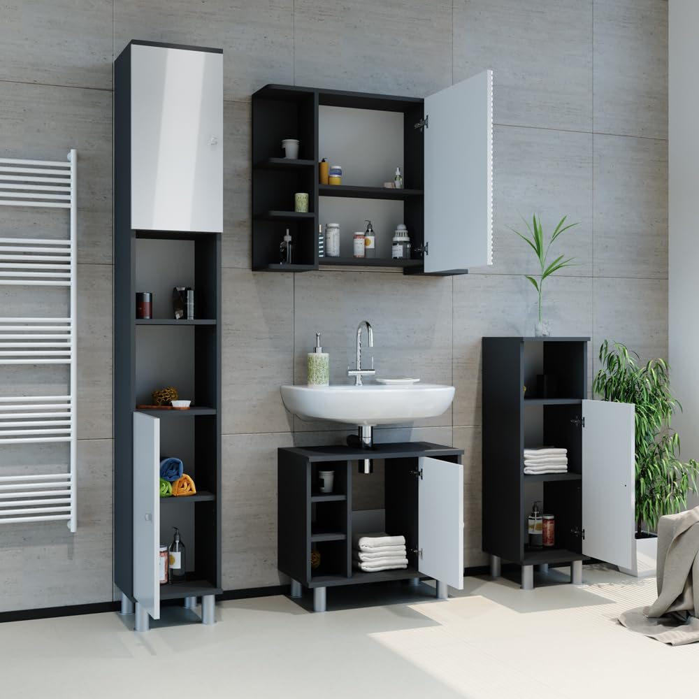 Vicco Armario con Espejo para baño Fynn, Antracita, 79.6 x 64 cm | con espejo y estantes abiertos para montaje en pared