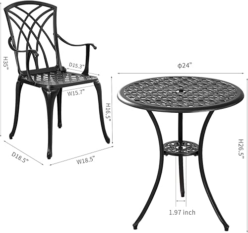 Miniatura 6 de Juego de mesa Bistro para patio al aire libre, 3 piezas, resistente al óxido, mesa y sillas de aluminio fundido con agujero para sombrilla para