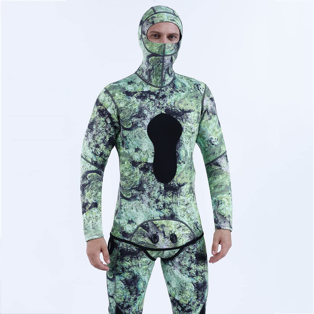 LANGWEI Mute Mens 3Mm 2 Pezzi Camo Neoprene Corpo Pieno Tenere in Caldo con Cappuccio Immersioni Libere Sport Tuta di Pelle Pesca Subacquea Tuta Intera Muta