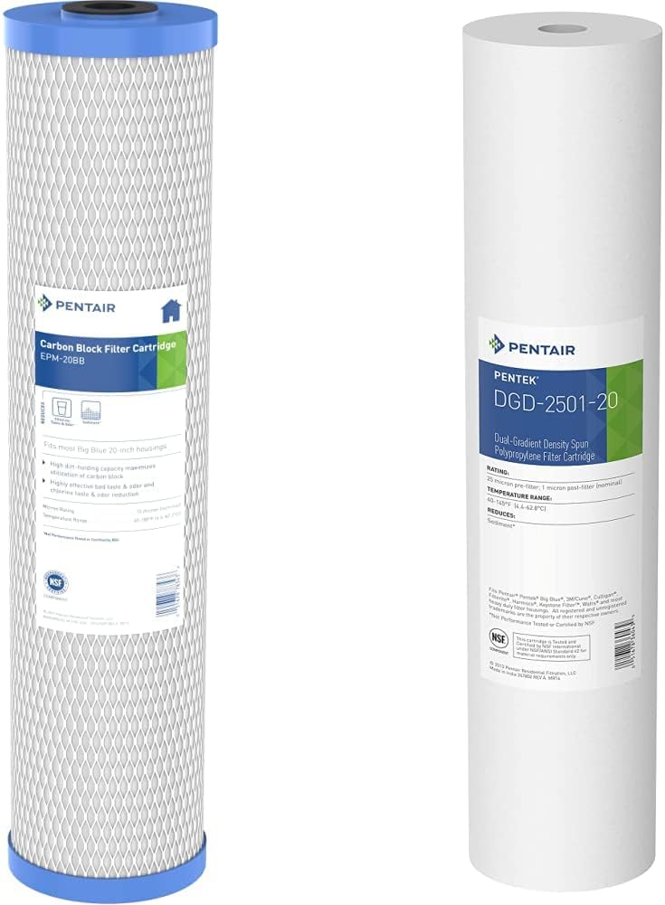 Pentair Pentek EPM-20BB Big Blue Carbon Water Filter, 20-Inch & Pentair P25 Sediment Water Filter, 10-Inch, Under Sink Spun-Bonded Polypropylene Replacement Cartridge, 10" x 2.5", 25 Micron