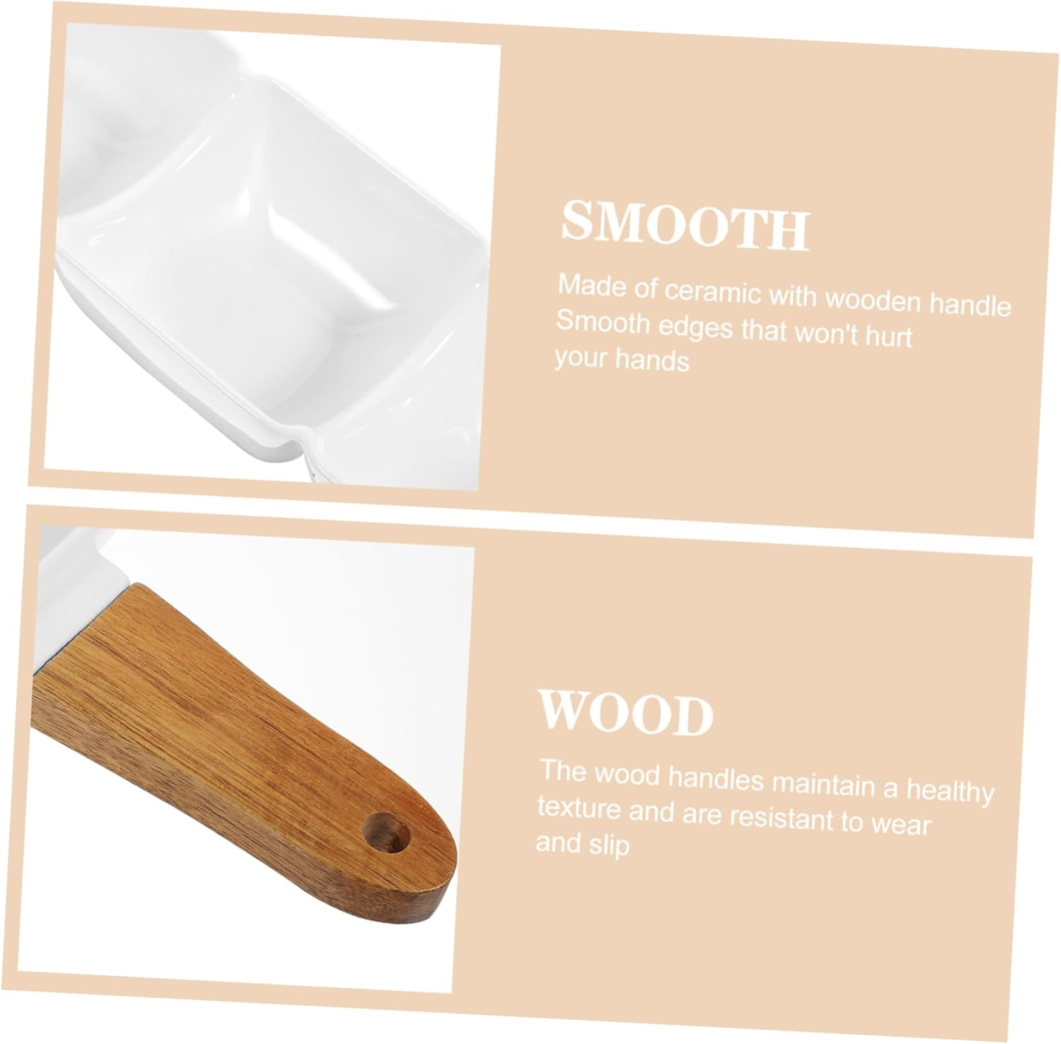 Cabilock 2pcs Ceramic Snack Bowl Wooden Handle Bowls for Side Dishes Serving for Party Sauce Dish Condiment Plate