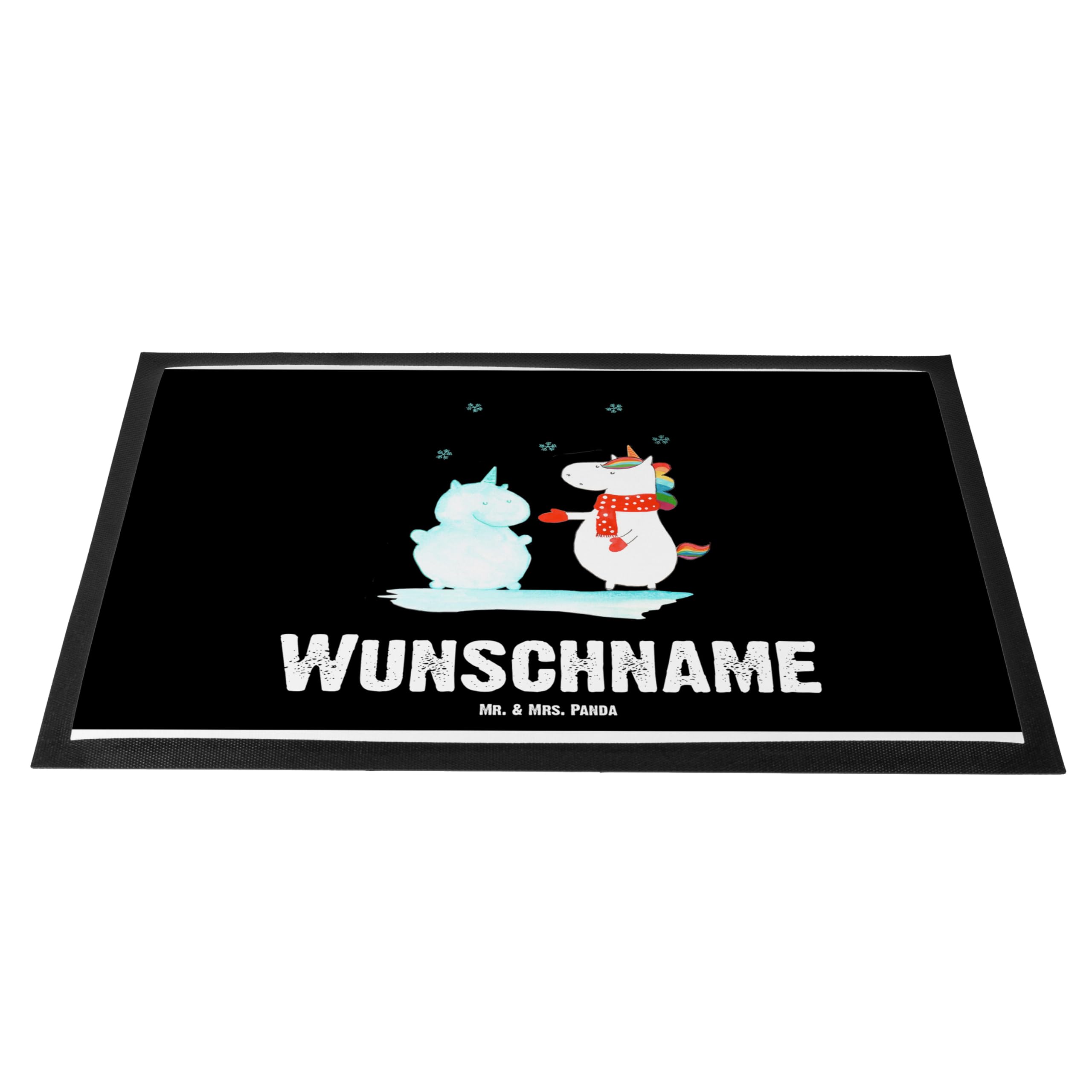 Mr. & Mrs. Panda Personalisierte Fussmatte Einhorn Schneemann 40 x 60 cm - Geschenke, personalisiert, Fußmatte personalisierbar, Schnee, Kuchen, Unicorn, mit Namen, kalt, Name, Mütze, Weihnachten