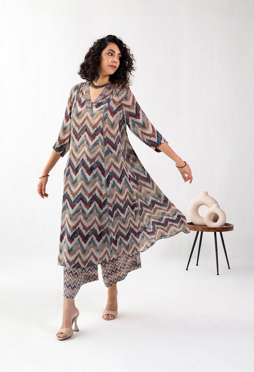 Toochki Women's Grey Zig-Zag Print Printed Rayon Stitched Kurta Set | A Line | 3/4 Sleeve | Western | Latest | Trendy