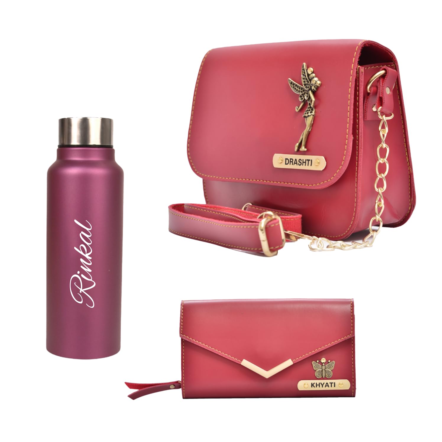 your gift studio Customized Ladies Wallet, Sling Bag and Bottle with Name Engrave | Personalized Anniversary Gift Set for Women | Birthday Gift for Women with Name and Charm (Wine)-picture-10