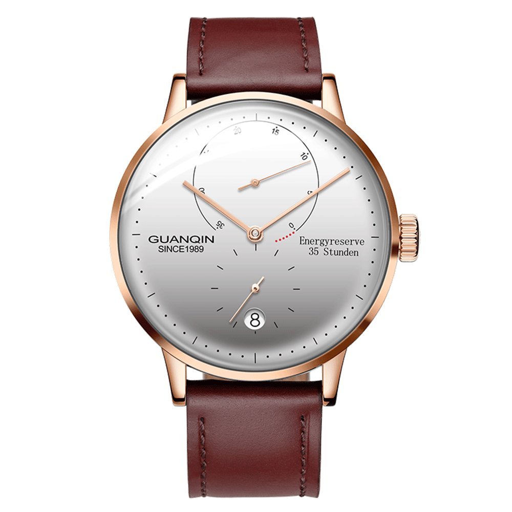 Guanqin Men's Calendar Watches Analogue Automatic Self Winding Mechanical Wrist Watch with Stainless Steel Leather Band (Rose Gold White Brown)