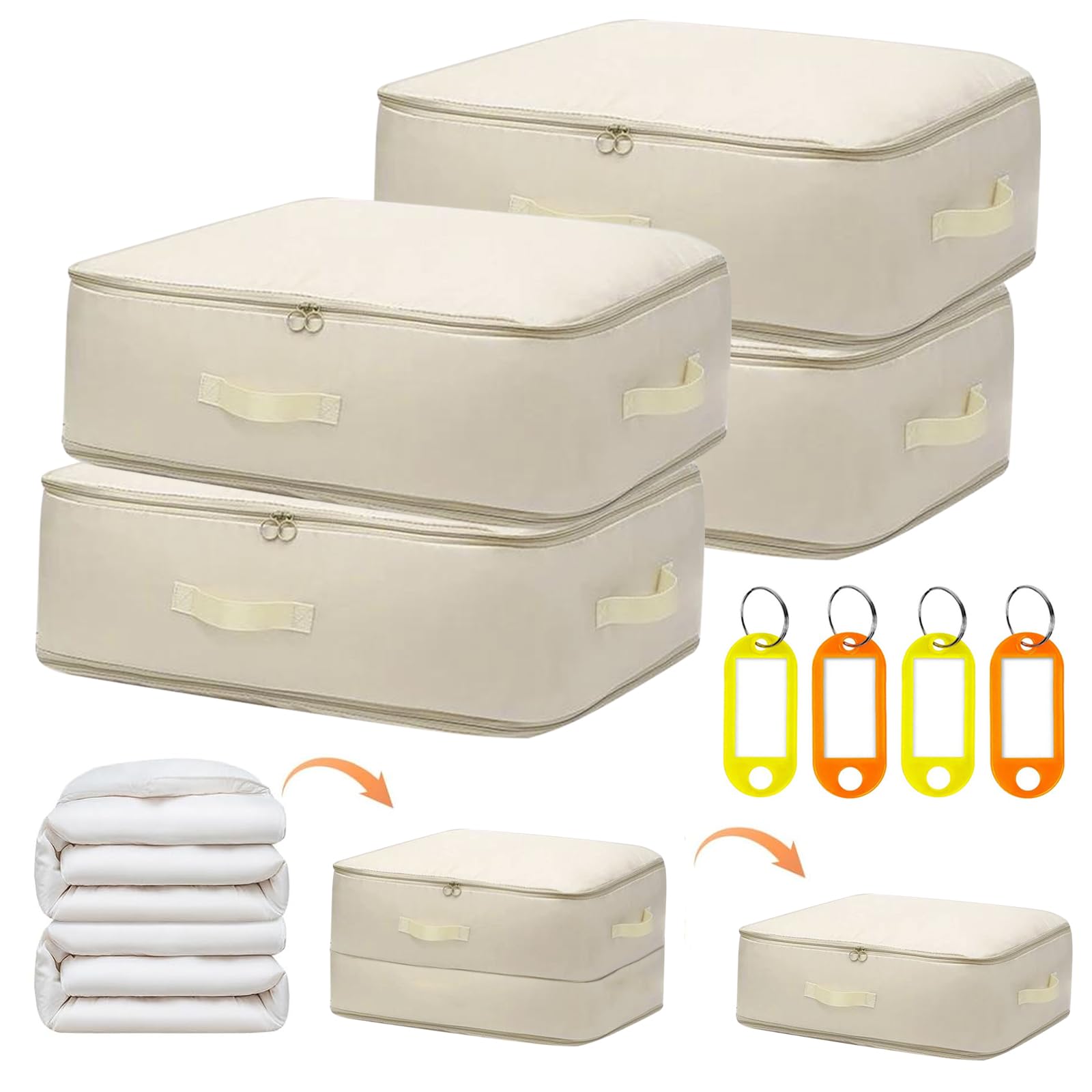 Shackcom 4 organizer autocomprimibili ultra salvaspazio, grandi, per riporre piumini, vestiti, con 4 etichette, per biancheria da letto, vestiti, coperte, cuscini e piumini, L, beige