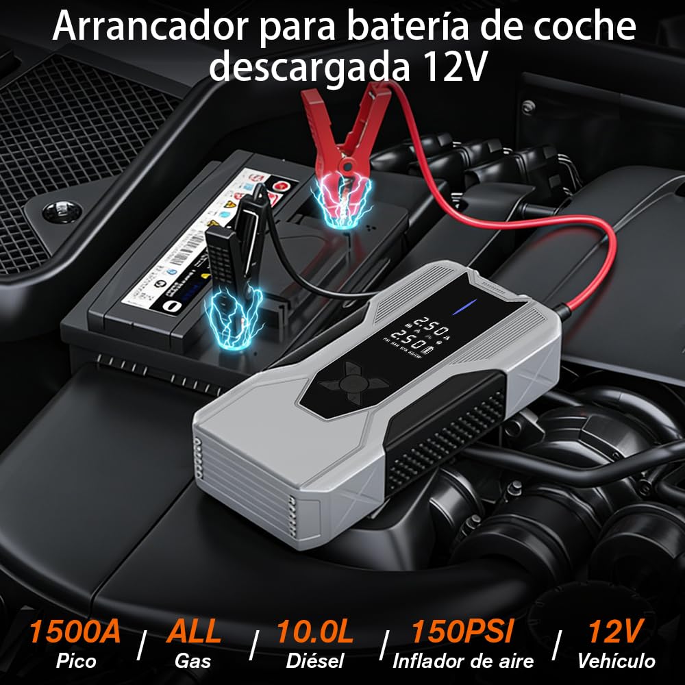 AWESAFE 12000Mha Inflador de Neumáticos 150PSI con Arrancador de Baterias de Coches (Todo Gasolina o 10L Diésel), Compresor de Aire Portátil para Coche con Pantalla LCD, Luz de Emergencia