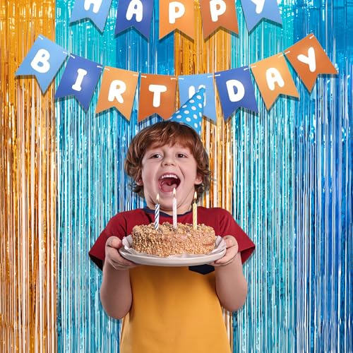 Image of Orange Blue Party Streamers Backdrop - GREATRIL Tinsel Fringe Curtain for Blue Dogs Themed Birthdays Decoration 2 Packs