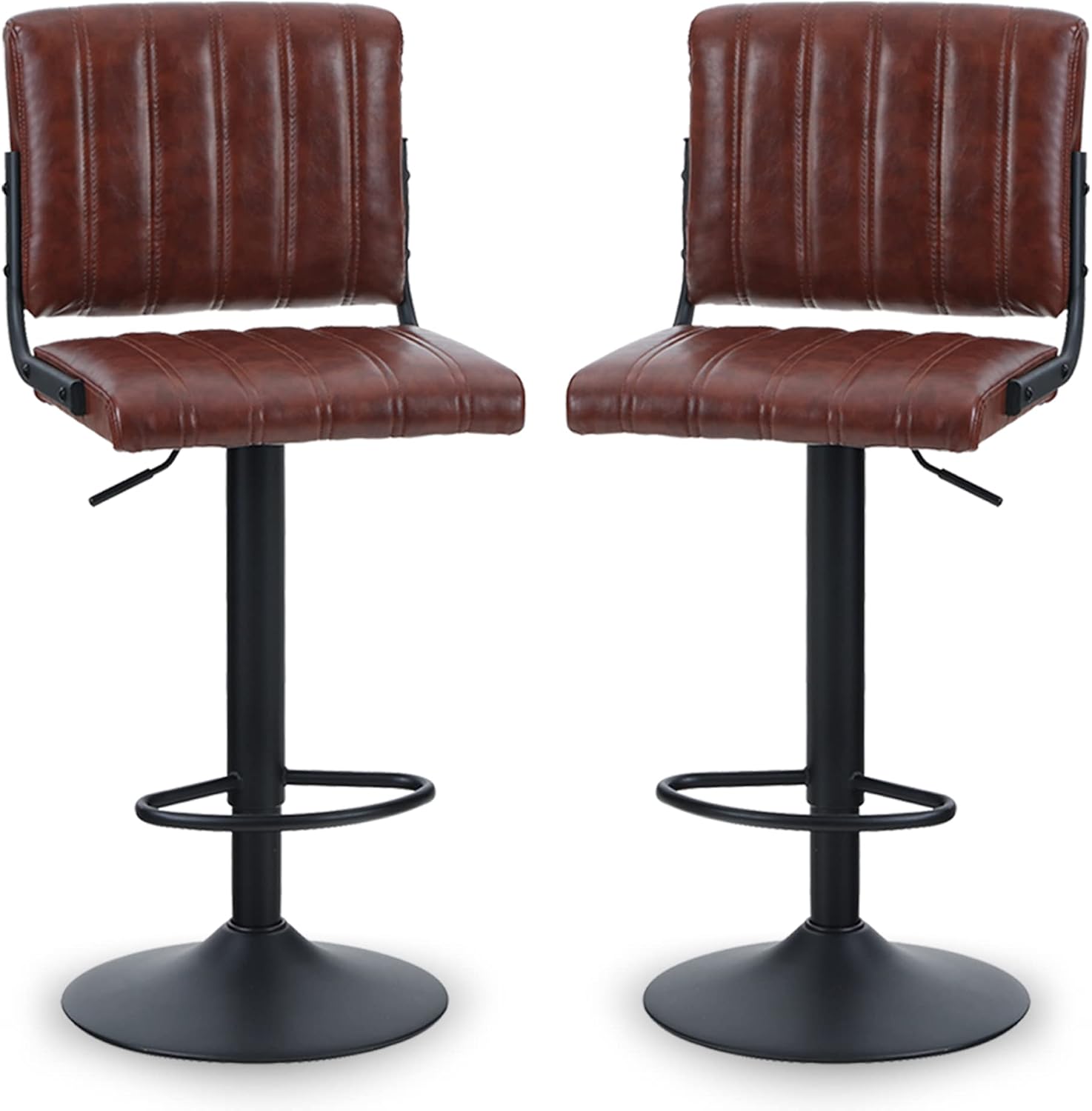 ALPHA HOME Bar Stools Set of 2 PU Leather Bar Chairs with Back Adjustable Kitchen Height Stools Pub Bistro Bar Counter Height Stools Modern Square Seat Chairs 360°Swivel Stools 300lbs Capacity Brown