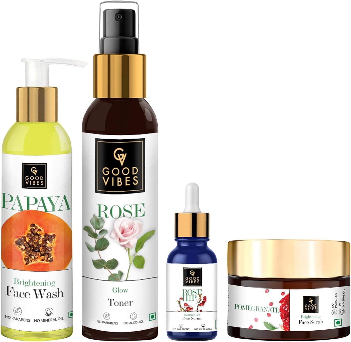 Good Vibes Brightening Skincare Routine Combo (Rose Hip Face Serum 10 ml, Rose Toner 120 ml, Papaya Face Wash 120 ml, Pomegranate Scrub 50 g) (Set of 4) Moisturizing Skin Care Kit for All Skin Types