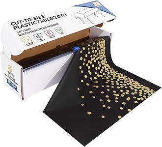 54 Inch X 100 Feet Plastic Table Cover Roll Disposable Tablecloth with Slide Cutter for All Type/Shape Tables | Picnic, Party, Banquet, Birthdays, Weddings (Black & Gold Dot)
