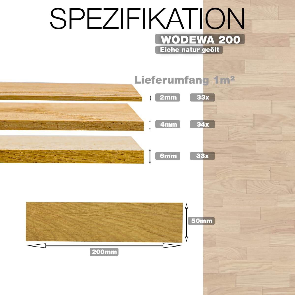 wodewa | Wandverkleidung Holz Eiche Auslese | 1m² 3D Echtholz Wandpaneele 200x50mm | Wohnzimmer TV-Wand Holzwand | Made in Germany | geölt 200