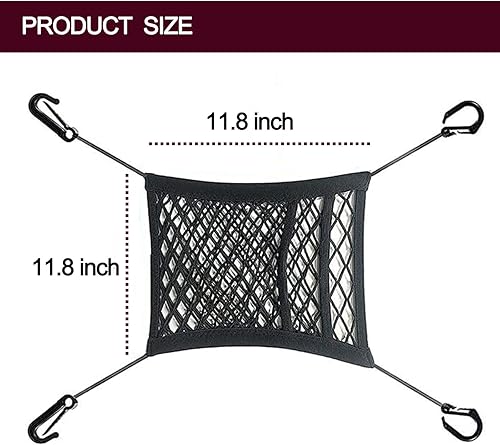 Miniatura 6 de 1 organizador de malla de 3 capas para automóvil con 4 ganchos, bolsa de red elástica de cuatro lados de 11.8 x 11.8 pulgadas, bolsillo de red de