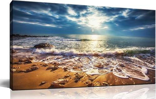 Yxbhhym- Large Ocean Canvas Wall Art Beach Pictures Sunset Wall Décor Sea Painting Seascape Waves Posters Coastal Artwork for Living Room Wall Art Bedroom Accessories Office Decorations Framed