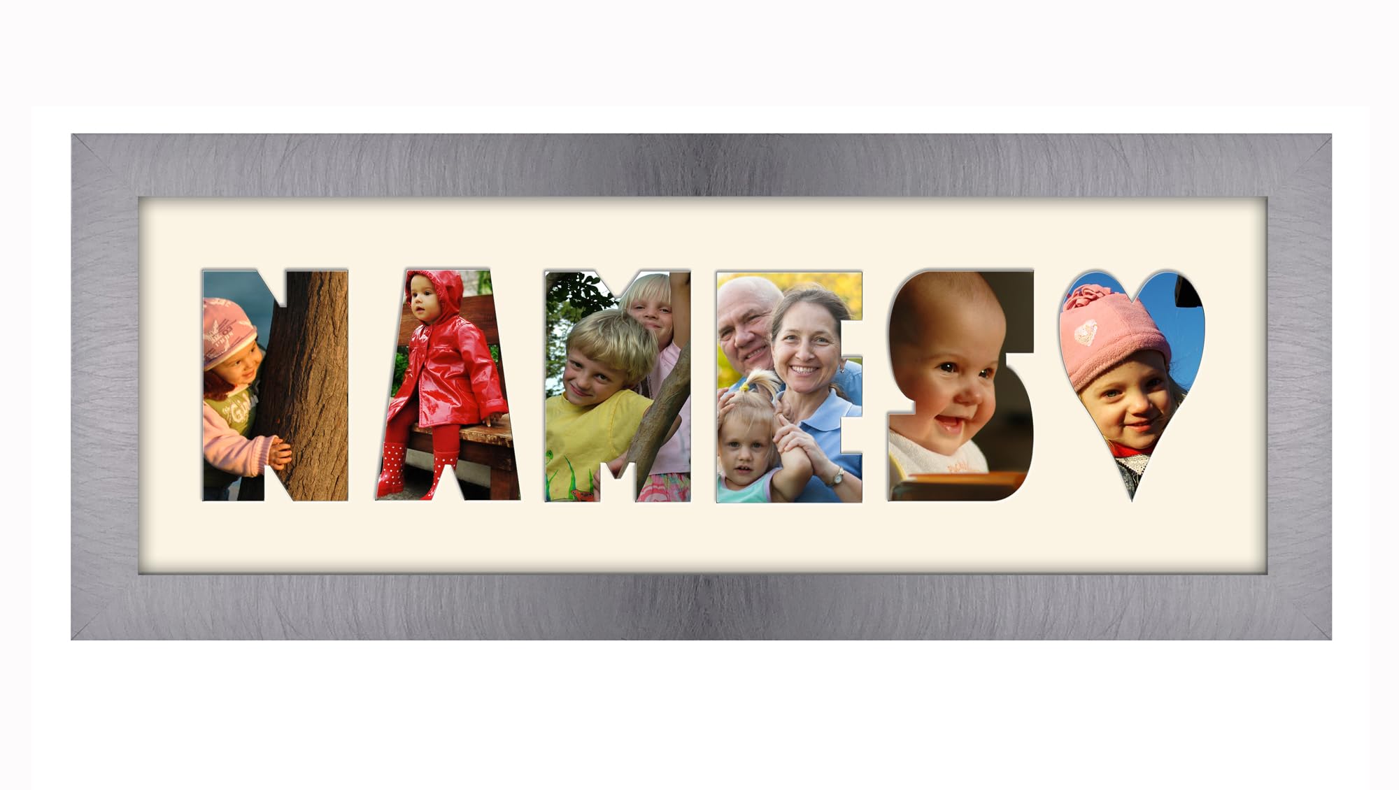 Personalised Photo Frame any Name Word 3 to 9 letters Single Mounted Unique Birthday Picture Gift Present (Brushed silver Cream Mount, 6 Letter)