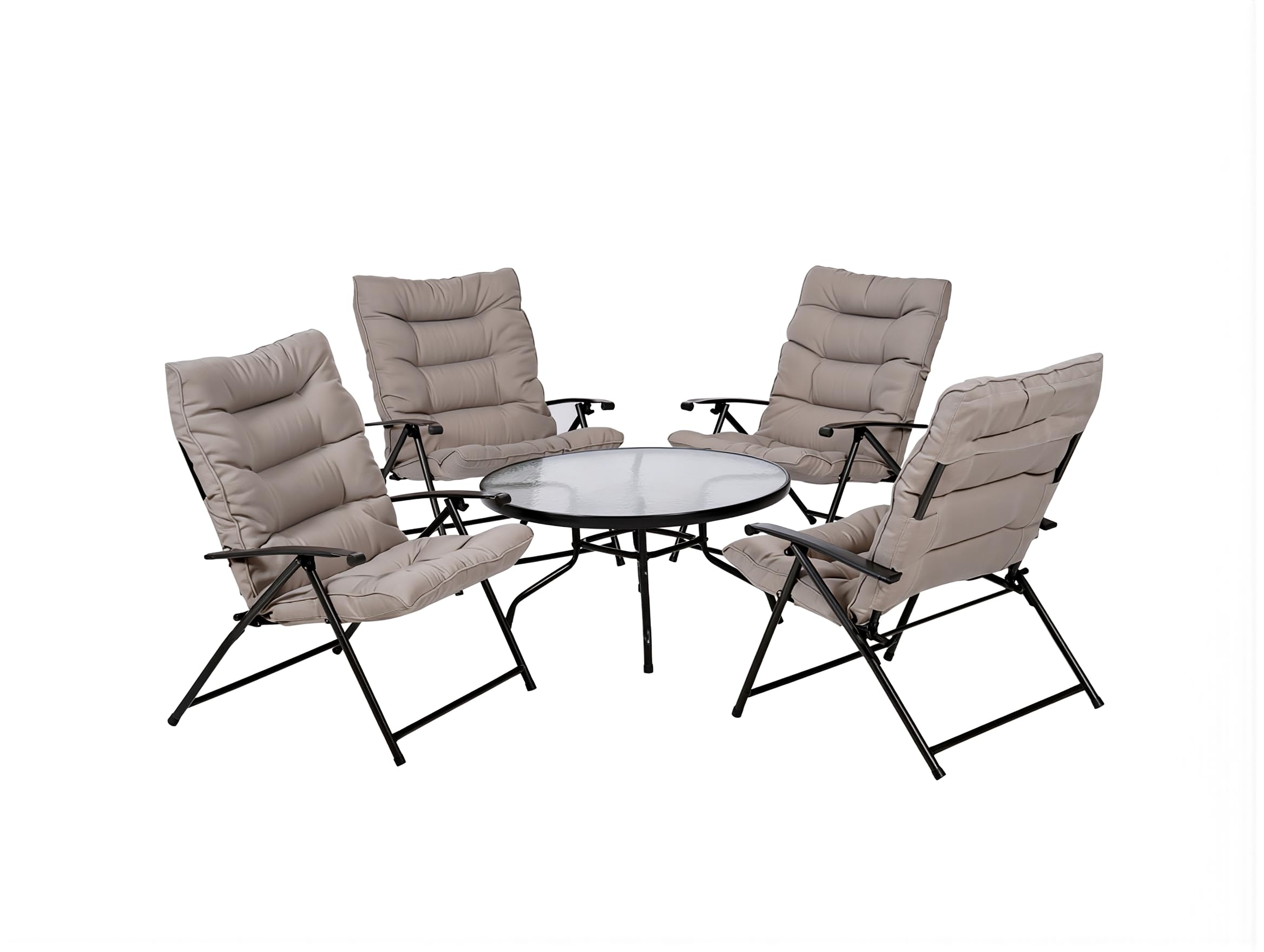 Set da Giardino Pieghevole 5 Pezzi SANTORINI – 4 Poltrone Reclinabili con Cuscini Beige + Tavolino Rotondo Ø86 cm Vetro Temperato – Schienale Regolabile 2 Posizioni – Arredo Giardino Salvaspazio