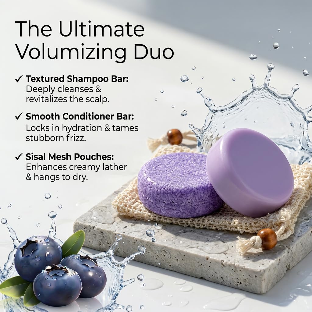 Blue berry Fields Shampoo & Conditioner Bundle Bars, for Hair Thinning, Frizz (1Set)