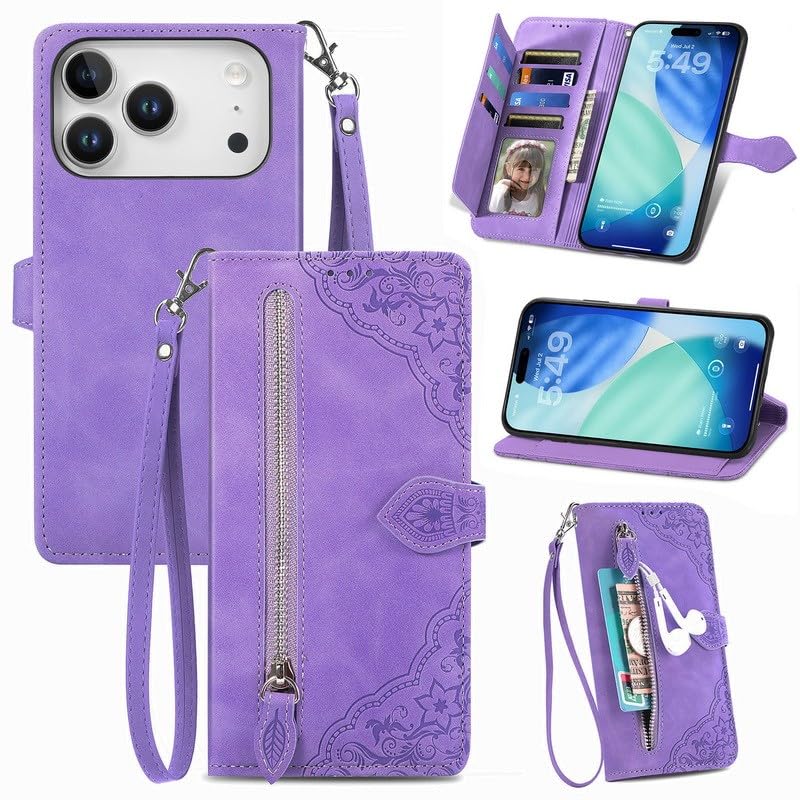 Étui iPhone 17 Pro Max violet avec portefeuille en cuir et fermeture éclair