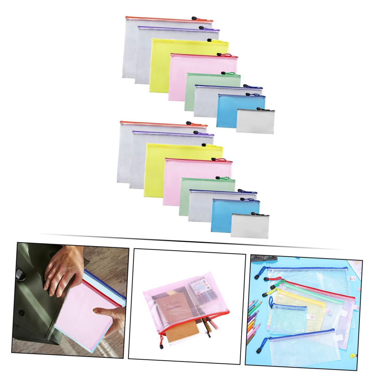 16 pezzi Bustine Portadocumenti con Zip in PVC Trasparente Organizer Ufficio Multiuso per File Cosmetici e Accessori Vari Formati Custodia Resistenti e Visibili