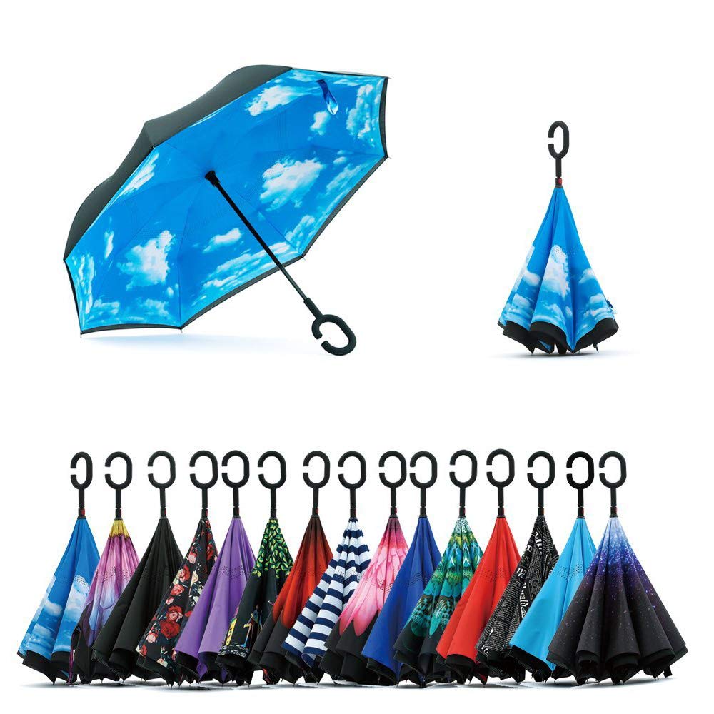 Double Layer Inverted Umbrella, C Shape Handle Reverse Folding Umbrella, Anti-UV Windproof Travel Umbrella
