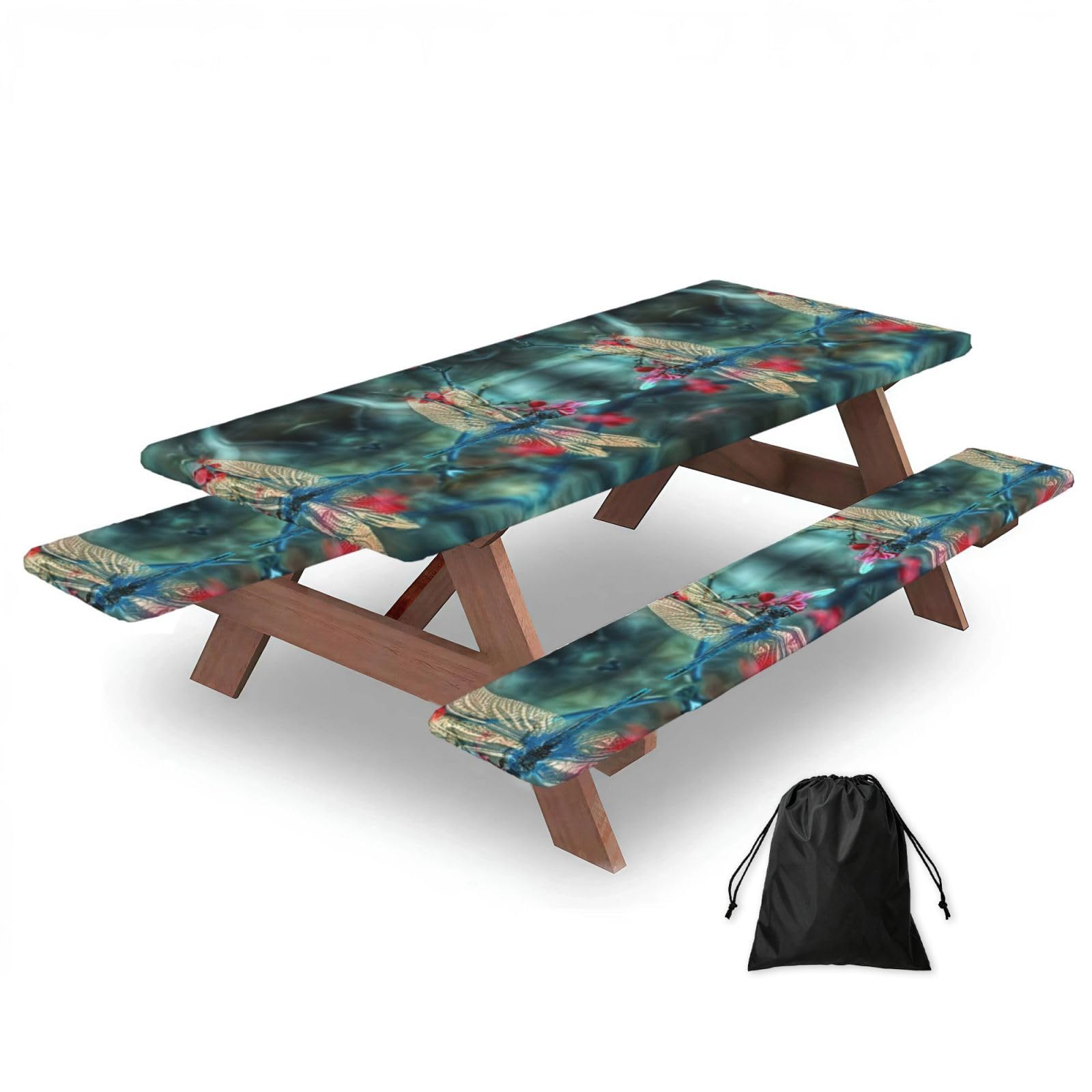 Zyjhyy Black Dragonfly On The Flower Print 3 Pack Wipeable Picnic Bench Cover And Table Cover Lightweight Table Cloth For Camping Outdoor