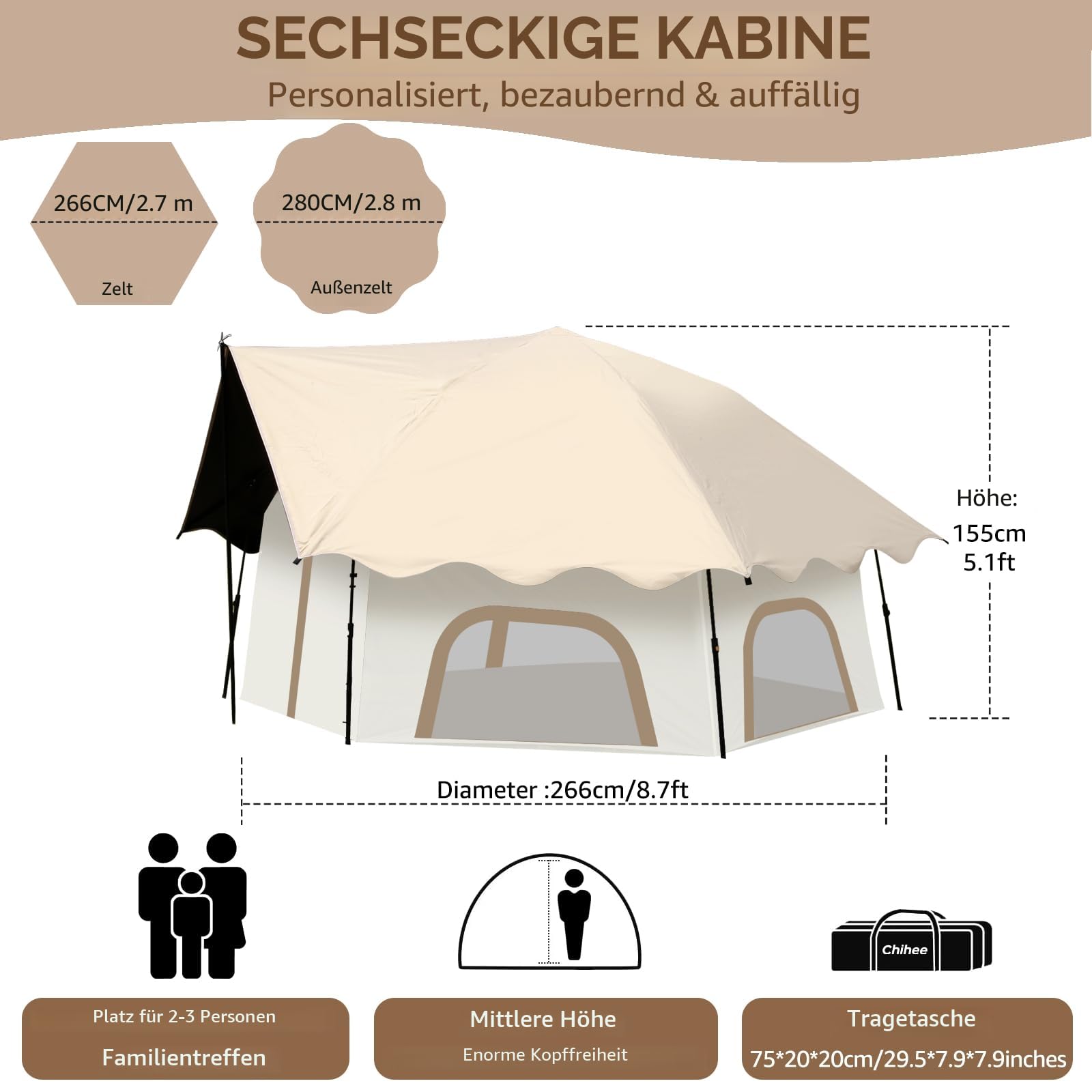 Chihee Pop-Up Stand-up Zelt Camping Zelte, Familien-Kabinenzelt mit Markise Veranda 3-Personen Outdoor-Zelt mit Bildschirm Raum große Kapazität, Wasserdicht und Winddicht, einfacher Aufbau, Wandern