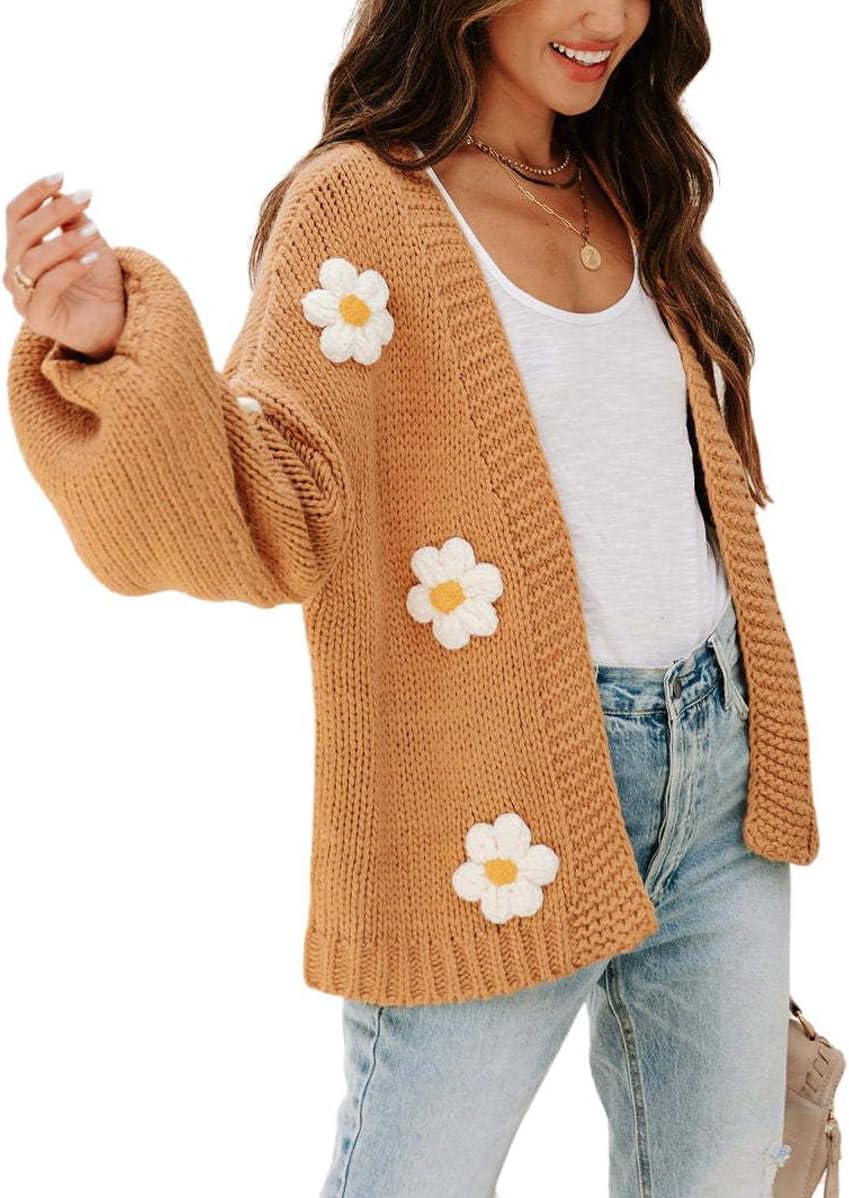 CHARTOU Women's Kawaii 3D Floral Applique Open Front Cardigan Sweater Y2k Knitwear