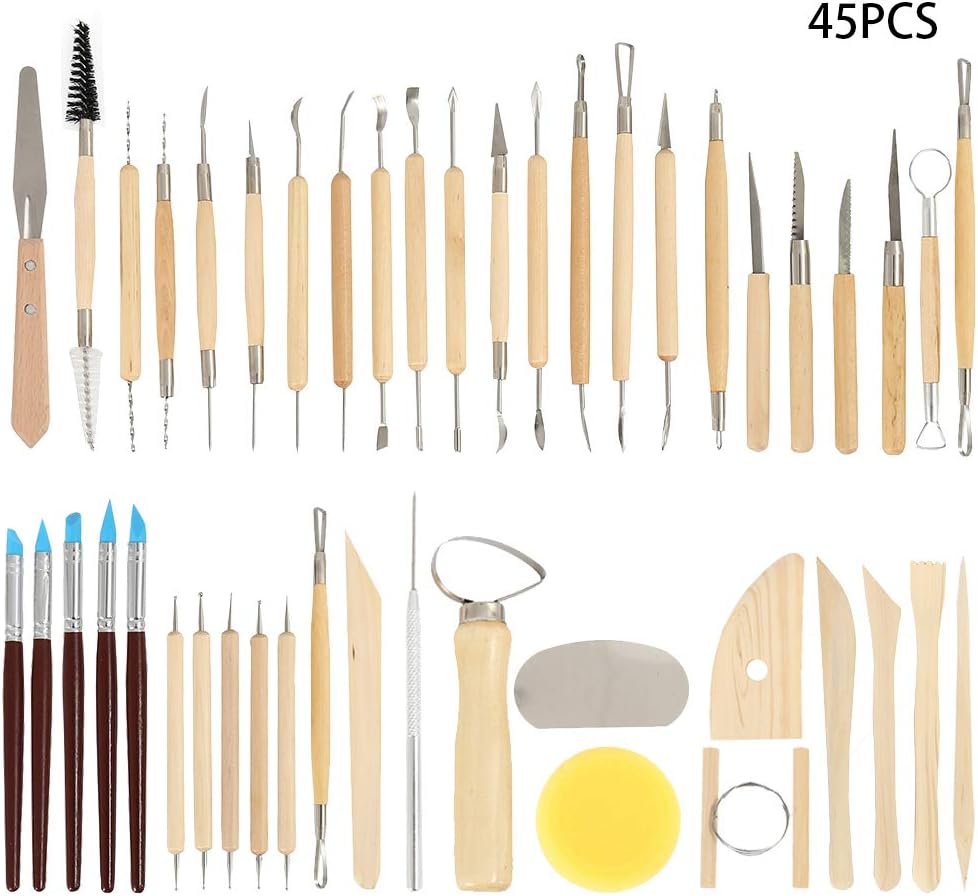 Westmell 45PCS Pottery Clay Sculpting Tools Set, Ceramic Clay Carving Tool Wood Stainless Steel Silicone for Beginners Professional Art Crafts Schools and Home Safe for Kids