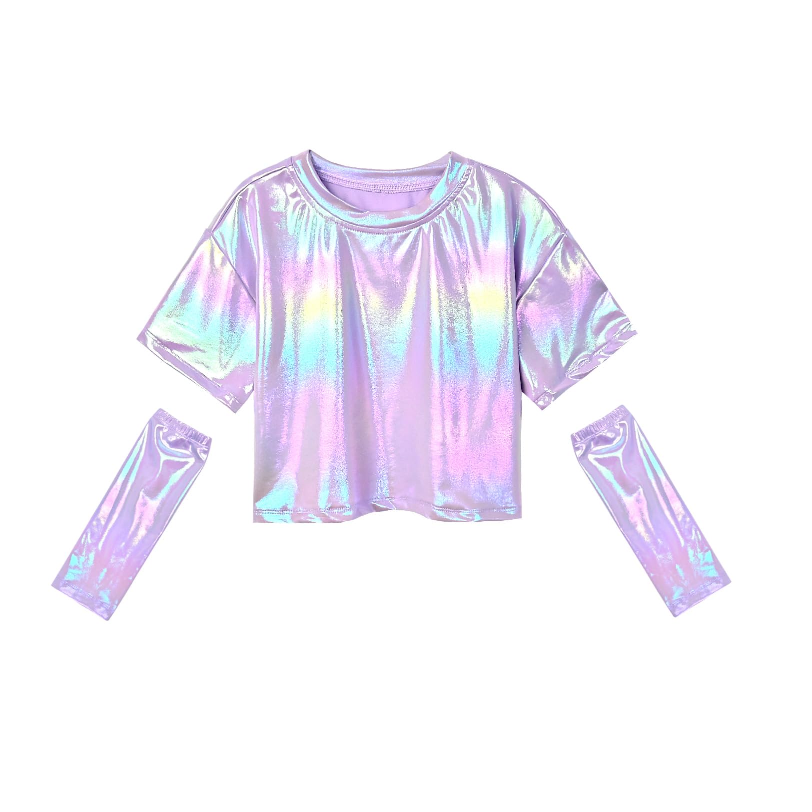 Perfashion Girls Metallic Shirts with Arm Sleeves, Shiny Crop Top for Dancing, Raves, Festivals, Costumes 4-15 Years