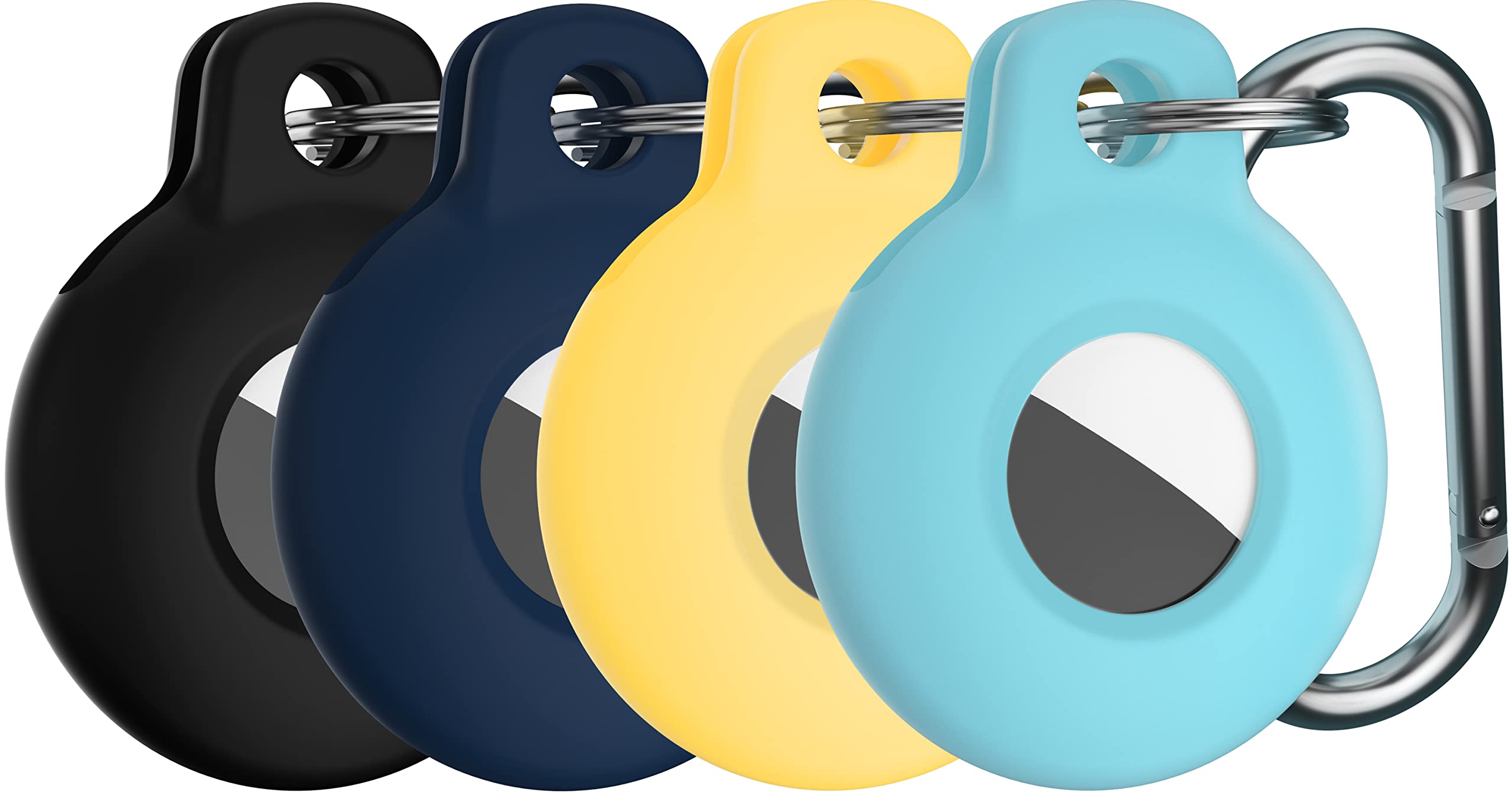 [4 Pack] Koaichi Compatible with AirTag Case, Scratch-Resistant, Easy to Carry, Silicone Protective Cover with Carabiner - Black/Dark Blue/Yellow/Sky Blue