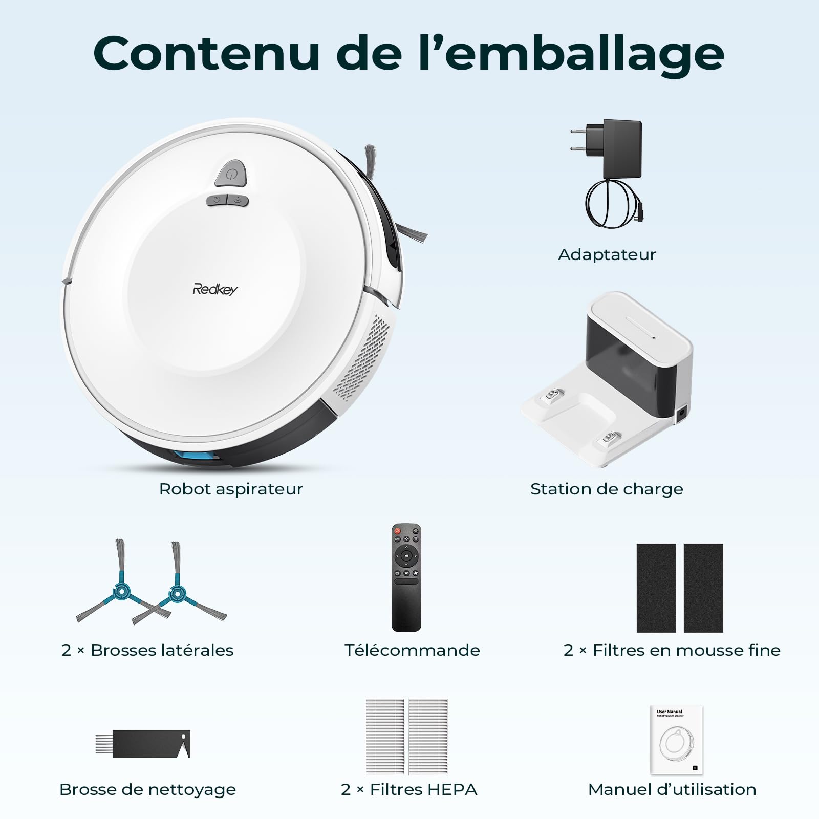 Redkey E6 Aspirateur Robot, Robot Aspirateur avec 7000 Pa Puissance d’Aspiration, Jusqu’à 170 Min Autonomie, avec Station de Charge, Télécommande et APP, Idéal pour Poils d’Animaux, Tapis, Sols Durs