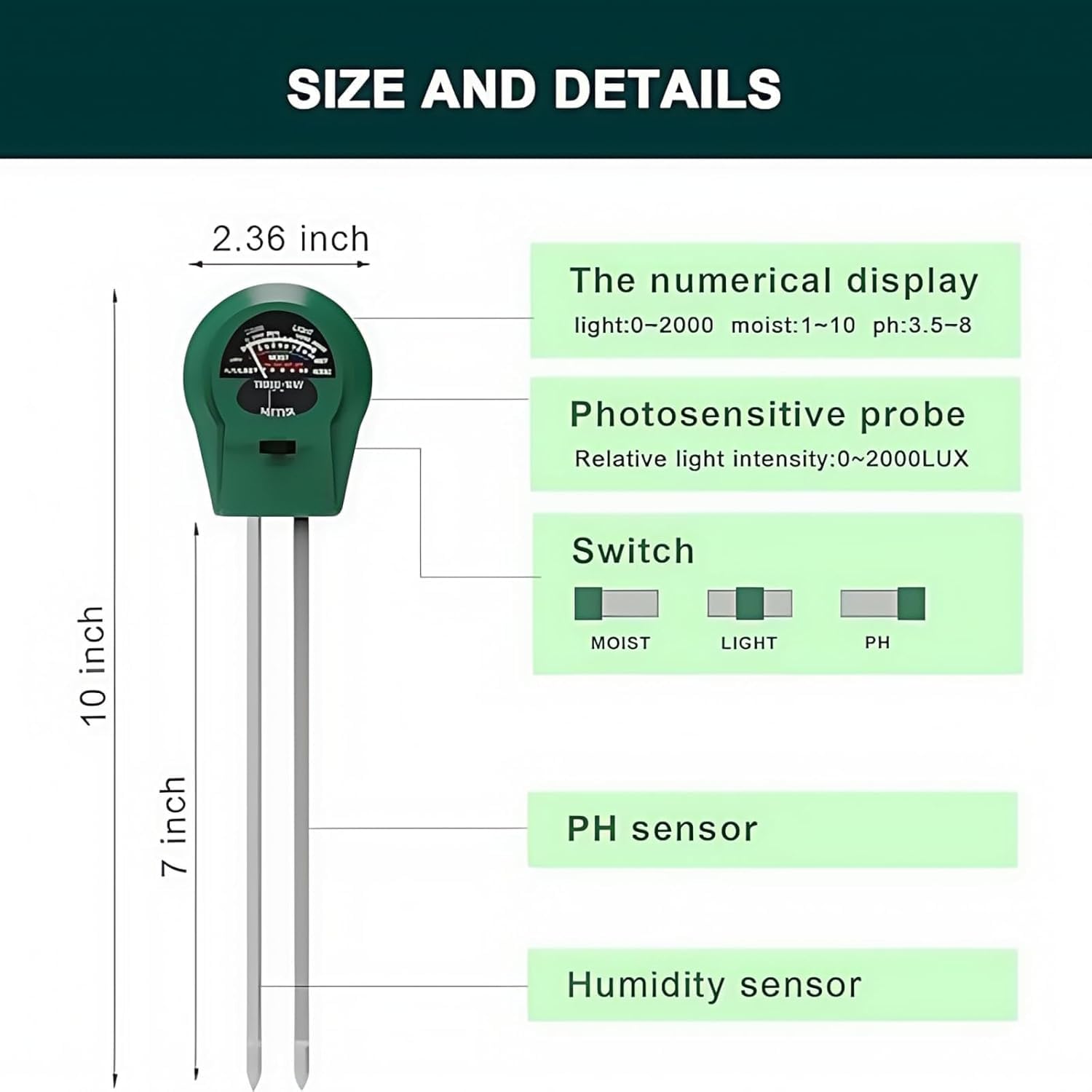 Testeur d'humidité du sol, détection de l'illumination 3 en 1, valeur du pH, testeur de pH du sol multifonctionnel, idéal pour le jardin, la pelouse, la ferme, une utilisation en intérieur et en