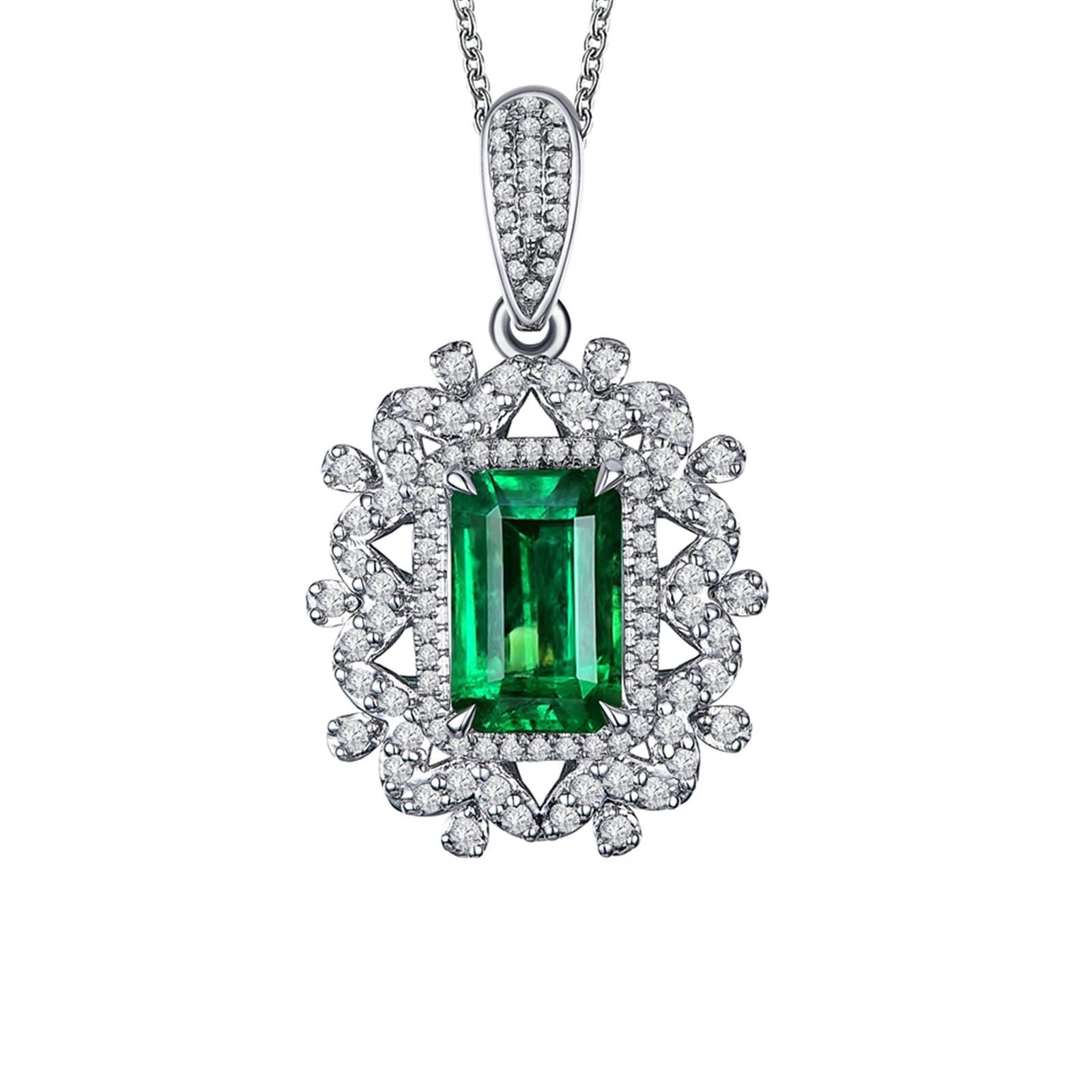 AMDXD Collar de mujer de flores huecas con colgante de oro blanco 750 con esmeralda de 1,45 quilates y cadena de diamantes de oro para mujer y plata, regalo para madre e hija