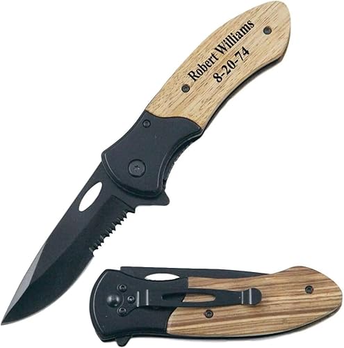 Cuchillo de bolsillo con mango de madera de color tostado medio dentado de calidad personalizada, grabado gratuito