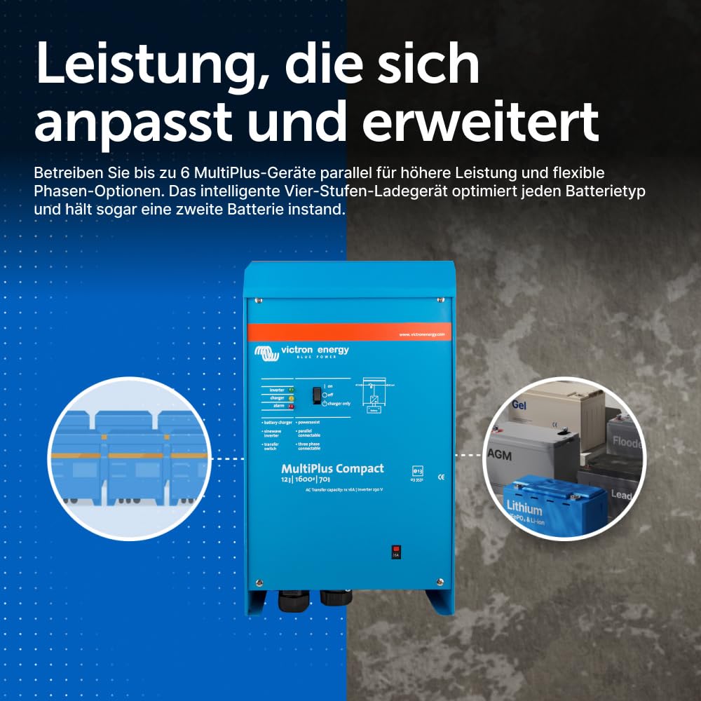 Victron Energy MultiPlus Compact 12/1600/70-16 Wechselrichter-Ladegerät – 1600VA Ausgang, 70A Batterieladung, 230V VE.Bus, Effizientes Design für Solar- und Mobilanwendungen