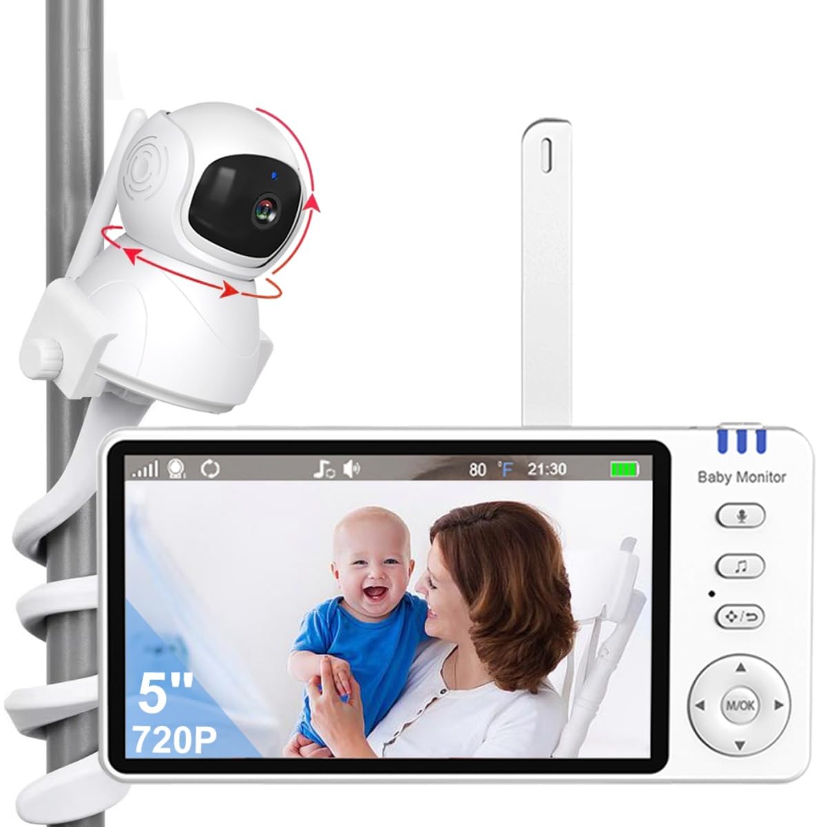 5.0" Babá Eletronica, 720P Monitor de Bebe com Tela, 4X Zoom Digital, Áudio Bidirecional,