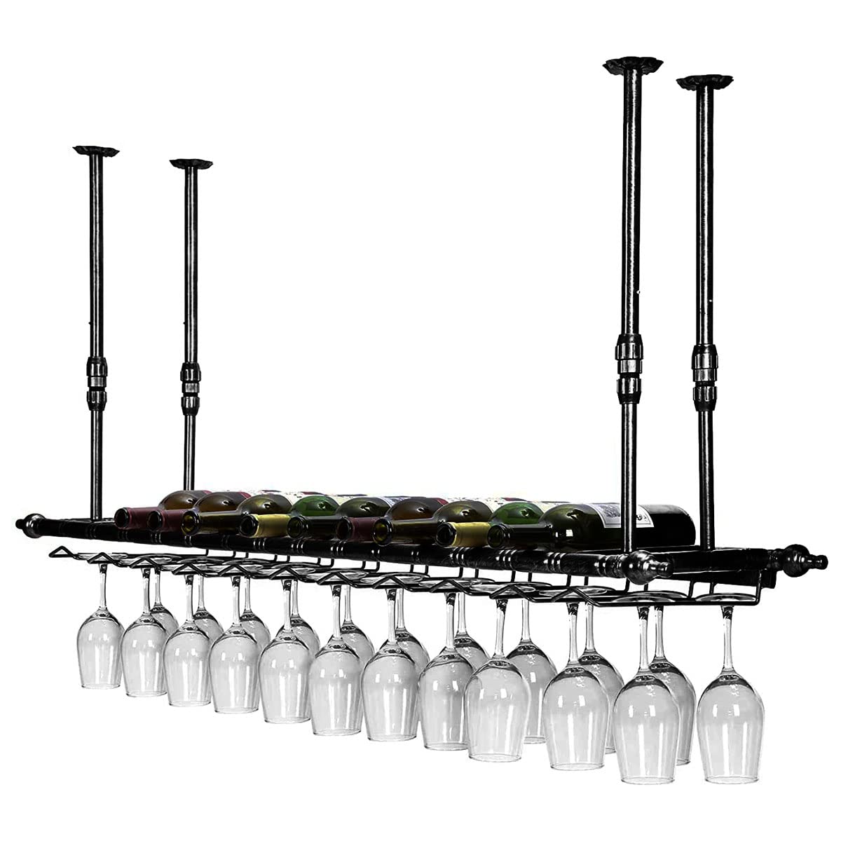 LYPGA Wine Glass Rack, Hanging Wine Holder, Vintage Bottle Holder, Ceiling Decoration - Adjustable, for Kitchen & Bars - Fixings Included (Black, 120cm x 30cm)