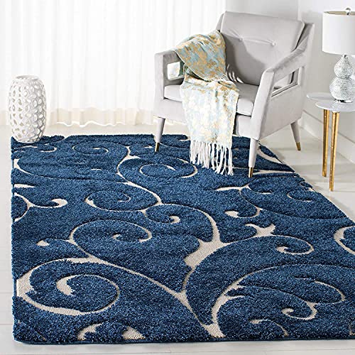 Image of Floral Design Microfiber Hand Woven Shaggy Carpet Collection with 2 inch Pile Height Carpet for Bedroom Size 6x9 feet coular Blue /Ivory