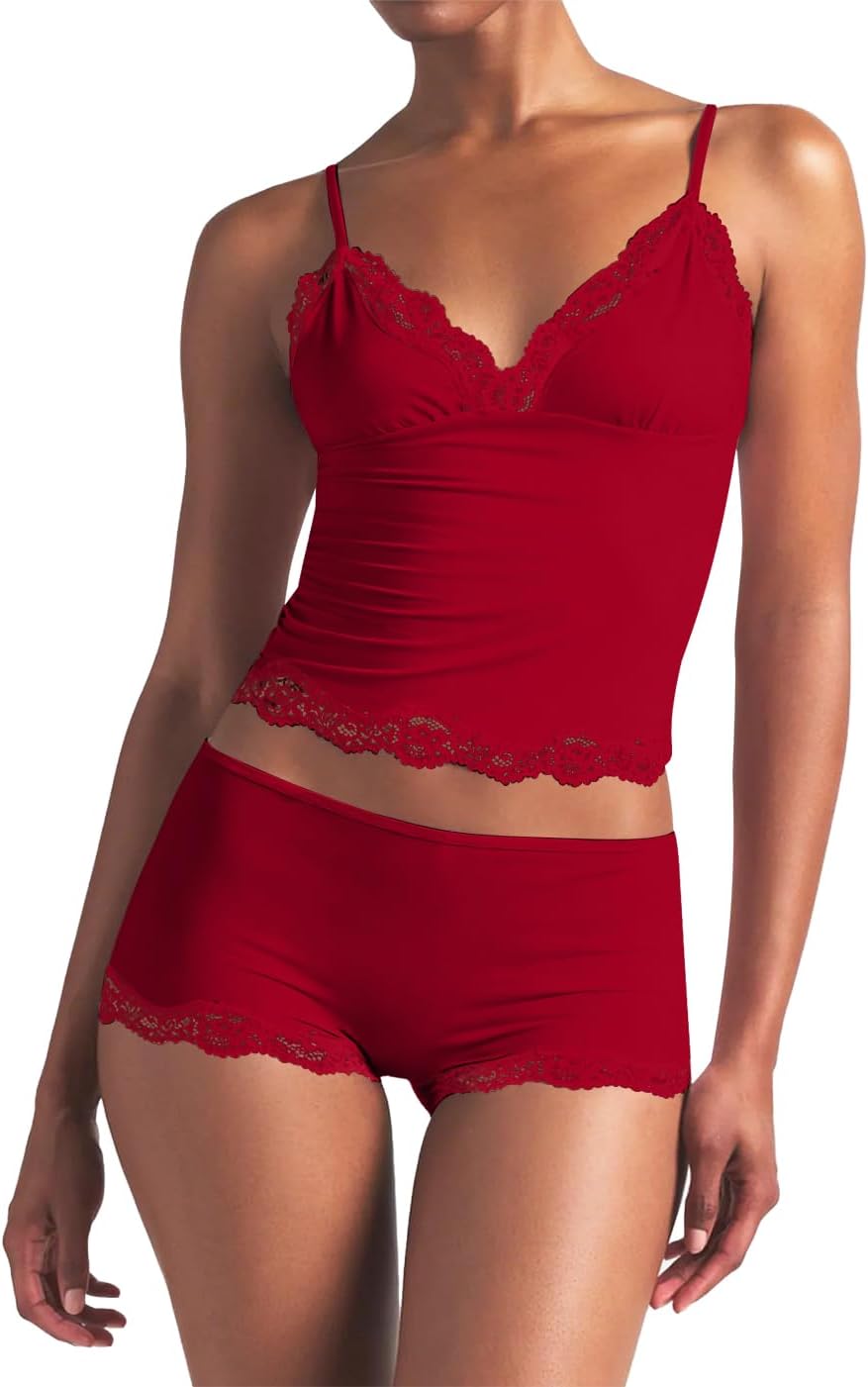 LEEDYA Womens Cami Pajama Set Sexy 2 Piece Sleeveless Pjs Summer V Neck Tank Top Y2K Lace Trim Sleepwear Lounge Set